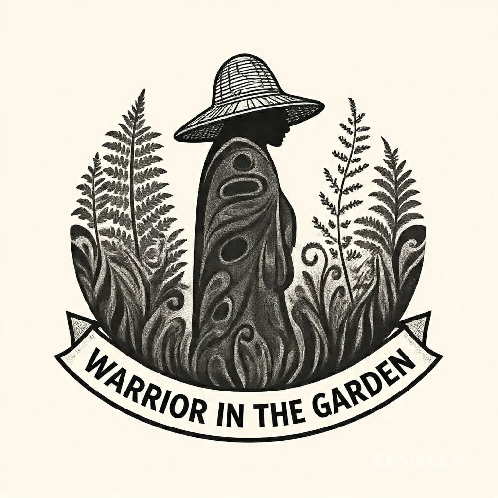 Ink illustration of a figure in a woven cedar hat and a Pacific Northwest formline cloak, standing among ferns above a banner reading Warrior in the Garden.